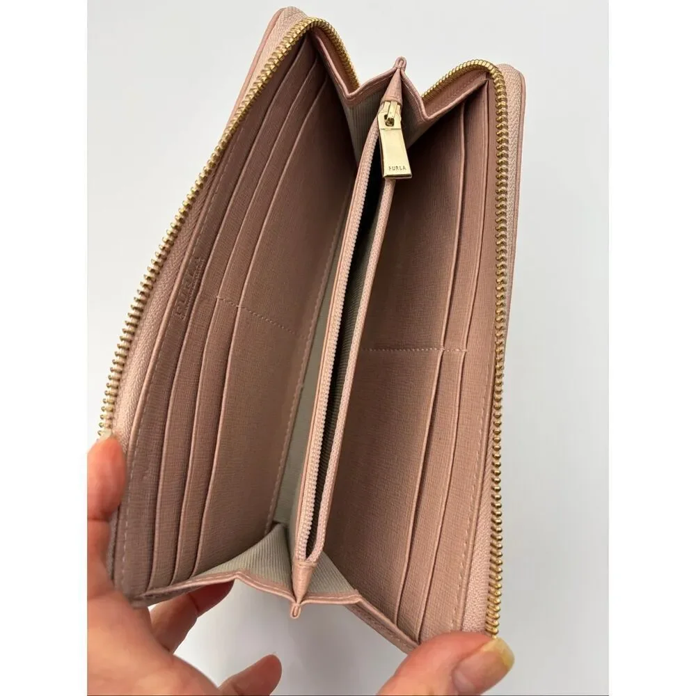 Furla Blush Pink Saffiano Leather Corner Zip Wallet Continental Wallet